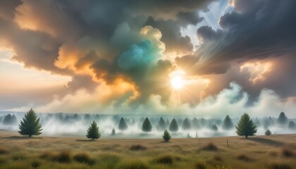 Obraz premium Misty landscape with fir forest in hipster vintage retro style. Ai generate