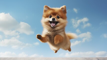 Obraz premium Cute spitz dog jumping up over blue sky background