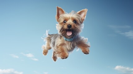 Cute terrier dog jumping up over blue sky background