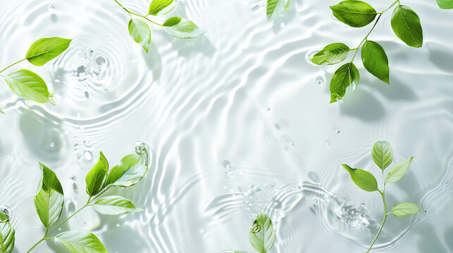 White background with water ripples and green leaves. - Powered by Adobe