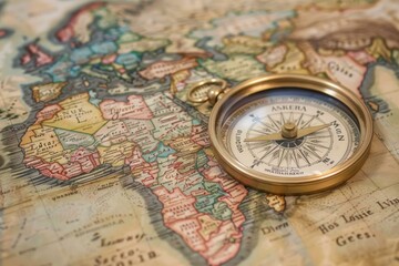 Oldfashioned compass lying on a vibrant, detailed map of the world evoking the spirit of exploration