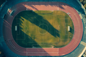 Aerial view of an empty sports stadium, capturing the symmetrical arrangement of seats and the clean lines of the field. Highlight the minimalist beauty of the structured space 