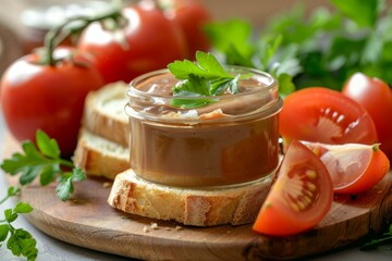 Glass jar of tomato pate served on sliced bread with fresh tomatoes and parsley on a wooden board