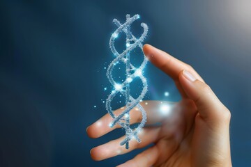 Ethereal blue DNA strand, glowing with light, representing medical research and genetic engineering