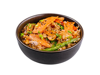 Savory teriyaki chicken bowl with vegetables and rice