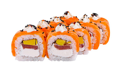 Delicious sushi roll platter isolated on white