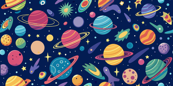 Colorful illustration of various planets, moons, and stars in a whimsical, cartoon-like outer space scene on a dark blue background. Planets in various colors with different patterns and rings