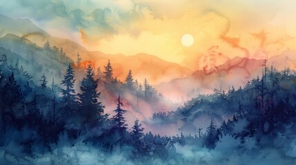 Beautiful watercolor painting of a serene forested mountain landscape at sunset with vibrant colors and a tranquil atmosphere.
