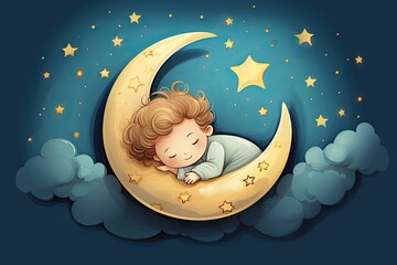 sleeping child on the moon in sky illustration