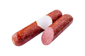 Whole and sliced salami on white background