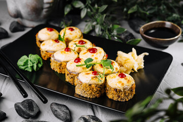 Elegant sushi platter with garnish