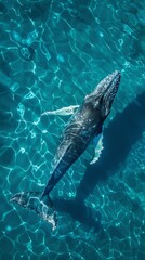An aerial view of a humpback whale in clear waters