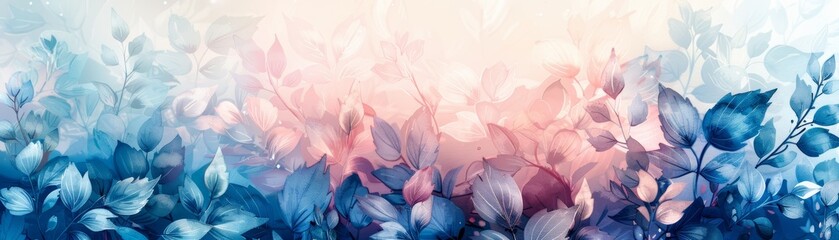 Abstract watercolor gradient background featuring delicate pastel blue and pink leaves, perfect for artistic and creative projects.