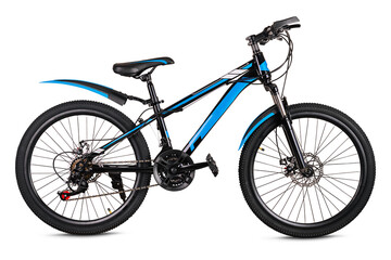 Modern blue and black mountain bike isolated on white