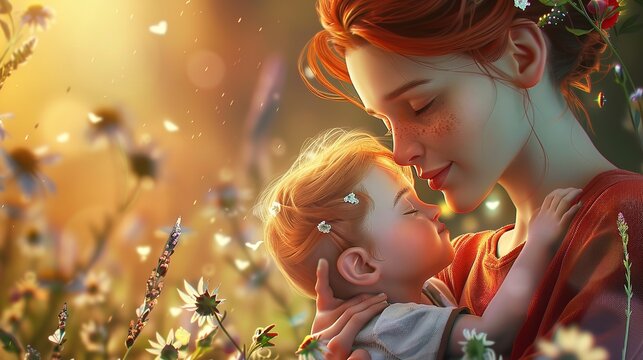 Illustration of Mother Holding Baby Son in Arm