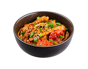 Asian stir-fried noodles with vegetables in bowl
