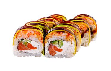 Vibrant sushi rolls isolated on white background