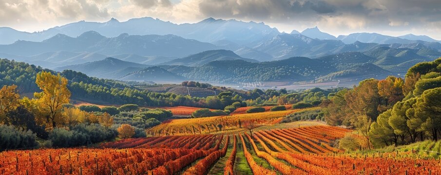 Wine landscape with vineyards during autumn in the Alella denomination of origin area in the province of Barcelona in Catalonia Spain
