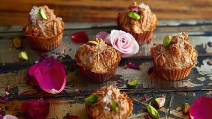   A cluster of muffins perched atop a wooden table adjacent to a pink blossom