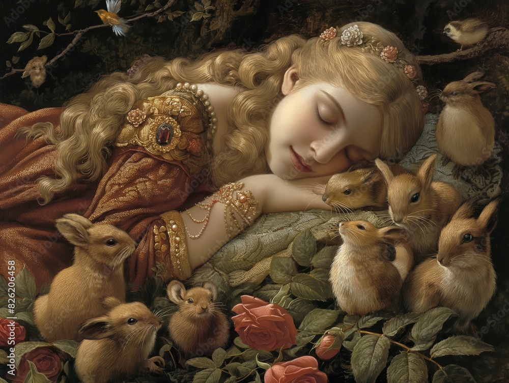 Sticker A painting of a woman sleeping with a bunch of rabbits around her. The mood of the painting is peaceful and serene