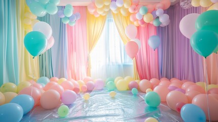 Bright and colorful room filled with pastel balloons and drapes, perfect for a cheerful celebration or festive event.