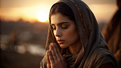 Young woman praying, closeup. Biblical character,generative ai