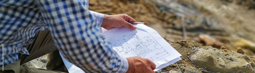 Poster architect or engineer studying a blueprint at a construction site, focusing on detailed plans and de