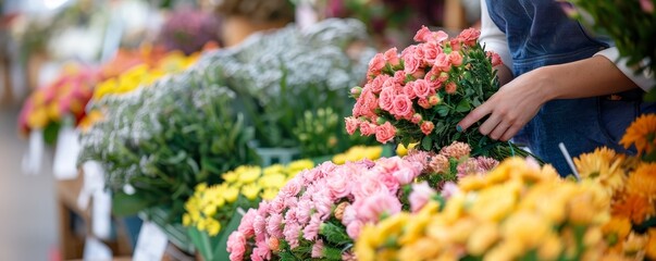 A vibrant assortment of fresh, colorful flowers displayed at a market stall, showcasing a variety of blooms with a person arranging bouquets.