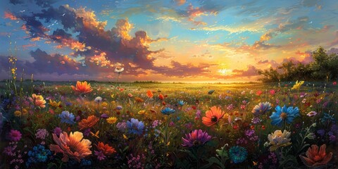 A vibrant field of multi-colored flowers basks in the tranquil sunset, painting a peaceful rural landscape with its beauty and freshness.