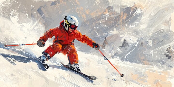 young boy racing donwhill on his skis