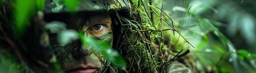 Camouflaged soldier in dense foliage, perfect for military, survival, and nature-themed projects. Highlighting stealth and tactical engagement.