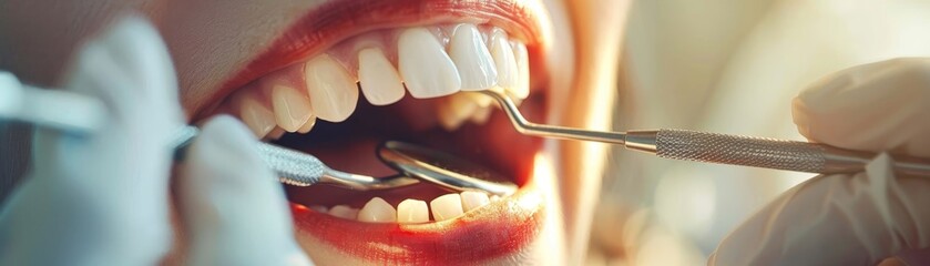 Close-up of a dental check-up with a dentist using tools to examine and clean teeth at a clinic. Oral hygiene and dental healthcare concept. - Powered by Adobe