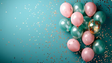 Colorful arrangement of pink and teal balloons on a teal background with scattered confetti, perfect for celebrations and festive events.