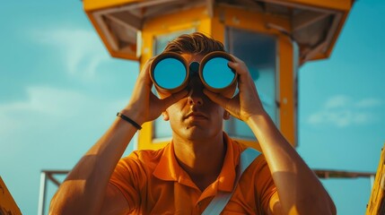 Close-up of a lifeguard in an orange uniform using binoculars to scan the horizon from a yellow tower on a sunny day.