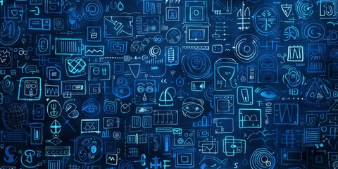Fototapeta premium ASCII Art style Illustration of random symbols over blue background.