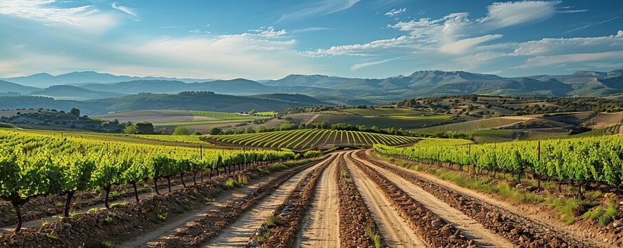 Landscape with vineyards in spring in the designation of origin area of Ribera del Duero wines in Spain