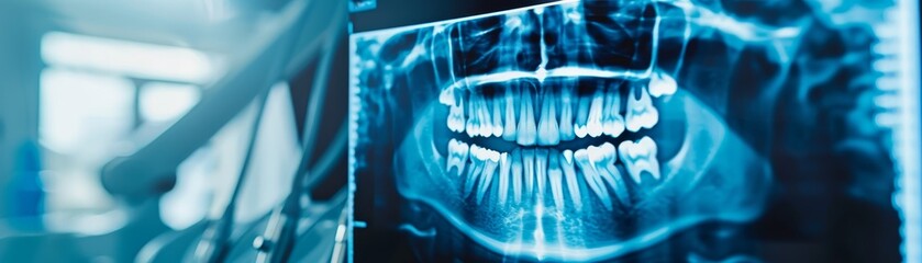 Close-up of dental X-ray image on screen, showing teeth and jaw structure in a dental clinic, highlighting oral health and dental technology.