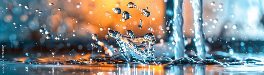 Poster close-up of water drops splashing and creating ripples on a reflective surface with a colorful, blur