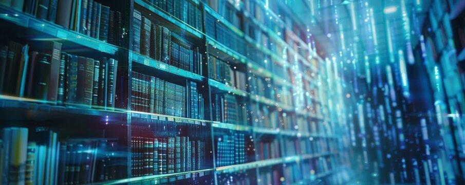 Digital library concept with glowing binary code and bookshelves, representing modern information technology and data storage.