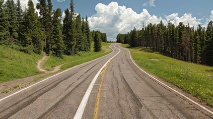 Fototapeta premium a field surrounded by tall trees and an overcast sky above can be captured while focusing on the road's center