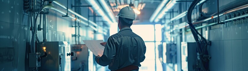 Engineer in protective gear inspecting a high-tech data center with advanced equipment, ensuring secure and efficient operation.