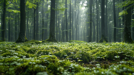 Forest floor covered with micrograss and moss, symbolizing environmental conservation and the commitment to eco-safe practices.