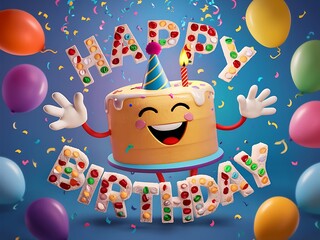 Fototapeta premium cheerful birthday cake with a party hat, surrounded by balloons and confetti, celebrating with the words “HAPPY BIRTHDAY” above and below it.