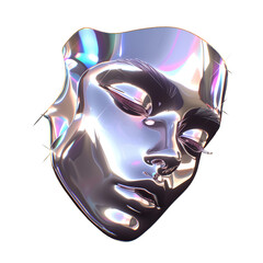 Futuristic chrome woman face isolated. Shiny gloss metal human head sculpture. Y2K holographic metal mask for music poster