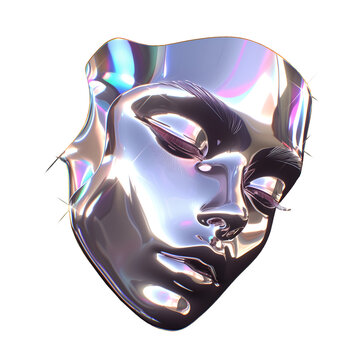 Futuristic chrome woman face isolated. Shiny gloss metal human head sculpture. Y2K holographic metal mask for music poster