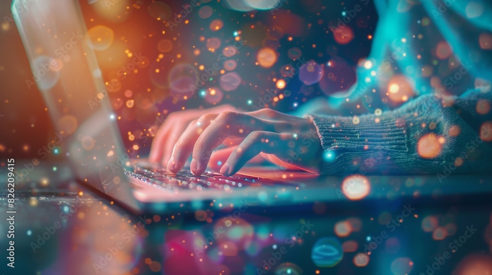 Poster hands typing on a laptop keyboard with colorful bokeh lights in the background, representing creativ