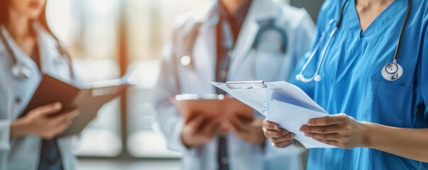 Healthcare professionals reviewing patient files and discussing medical care. Teamwork and collaboration in a hospital setting.