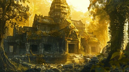 The ancient temple is overgrown with jungle plants.