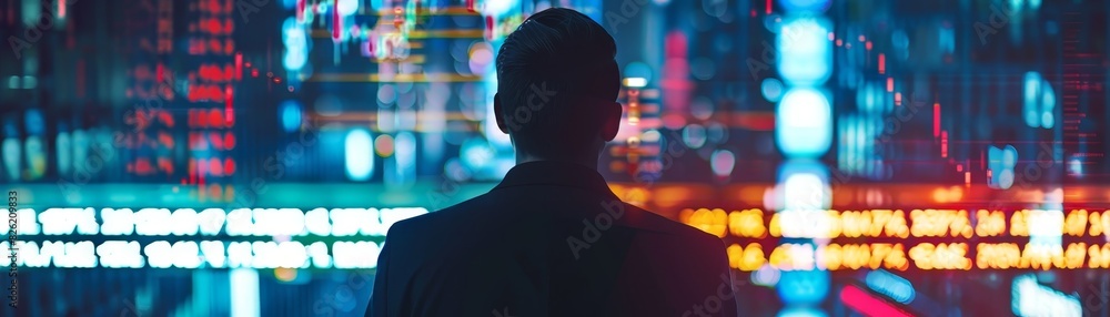 Poster man silhouetted against a screen of digital data and analytics, symbolizing technology and informati
