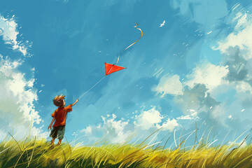 A cartoon painting of young boy flying a kite on a windy day, with the kite soaring high in the sky